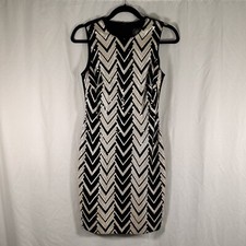 Vince Camuto Knee Length Dress Women's 0 White Black Sequin Round Neck Zip Back