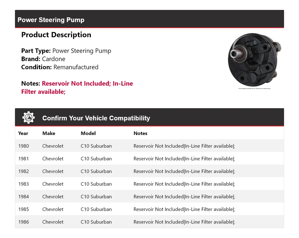 For 1980-1986 Chevrolet C10 Suburban Power Steering Pump Cardone 1981 1982 1983 - Image 2 of 4