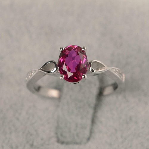 Oval Cut Simulated Pink Ruby Fancy Solitaire Band Ring In 14k White Gold Plated - Picture 6 of 6