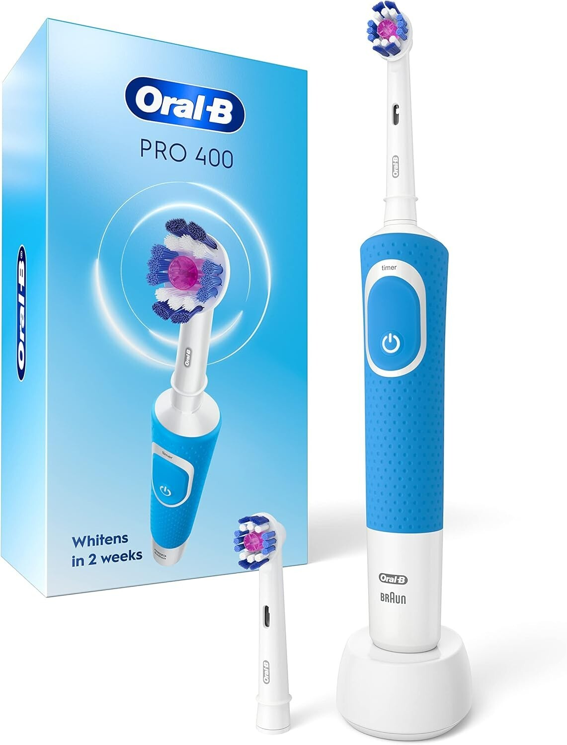 Oral B Pro 400 3D White Electric Toothbrush with 2 Brush Heads New