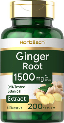 Horbaach Ginger Root Capsules 1500mg DNA Tested Botanical Extract, 200 Capsule