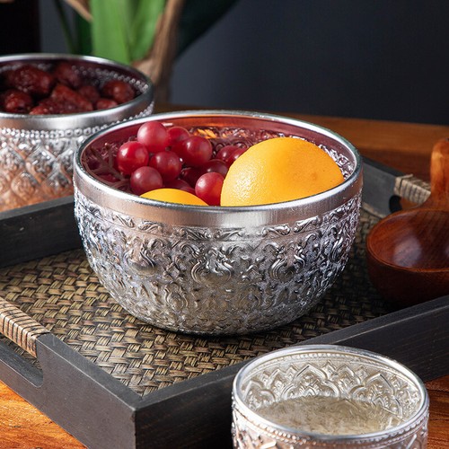 Handicraft Gold/Tin Metal Carved Round Thai Bowl Tableware for Restaurant&Hotel - Picture 4 of 51