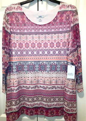 NEW TAG Croft & Barrow Woman's Pink Purple White Print Lined Tunic Top  Size 2X