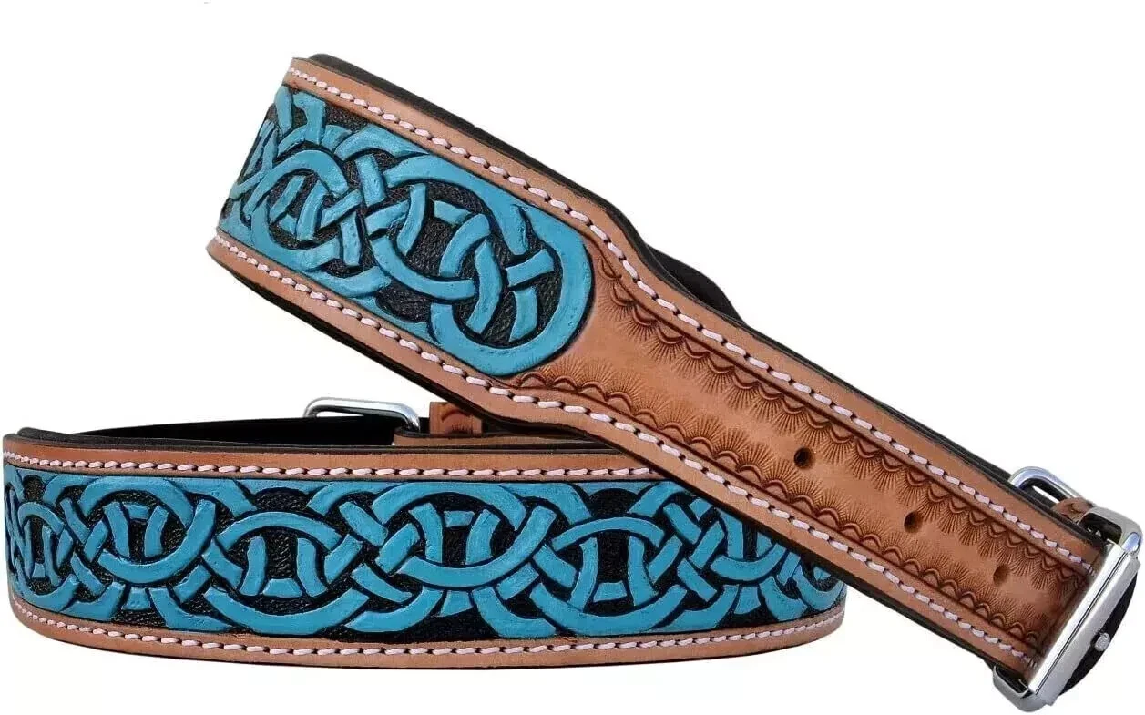 Leather Padded Western Styled Adjustable Hand Tooled Dog Collar/Pet Collar.