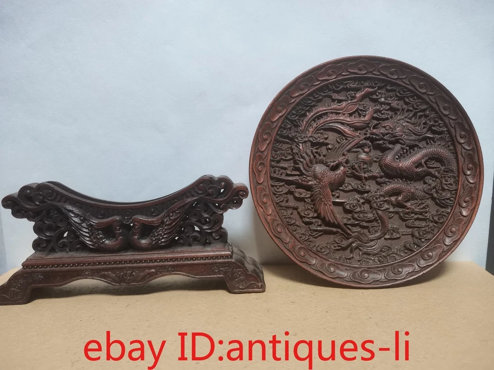 Chinese boxwood carving antique landscape pot dragon and phoenix screen - Image 4 of 4