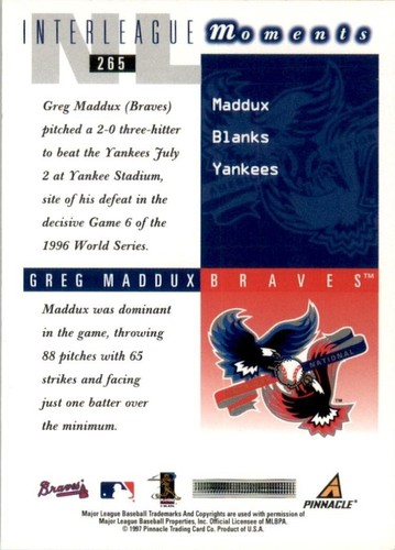 1998 Score #265 Greg Maddux Interleague Moments - Picture 2 of 2