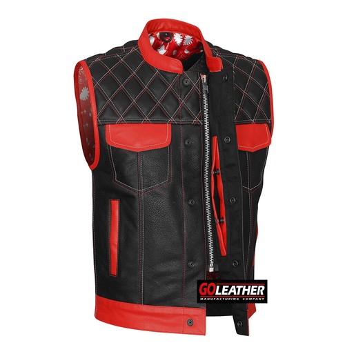 BIKER CLUB VEST BRUTAL RED ACCENTS LEATHER COWHIDE VEST - Picture 3 of 9