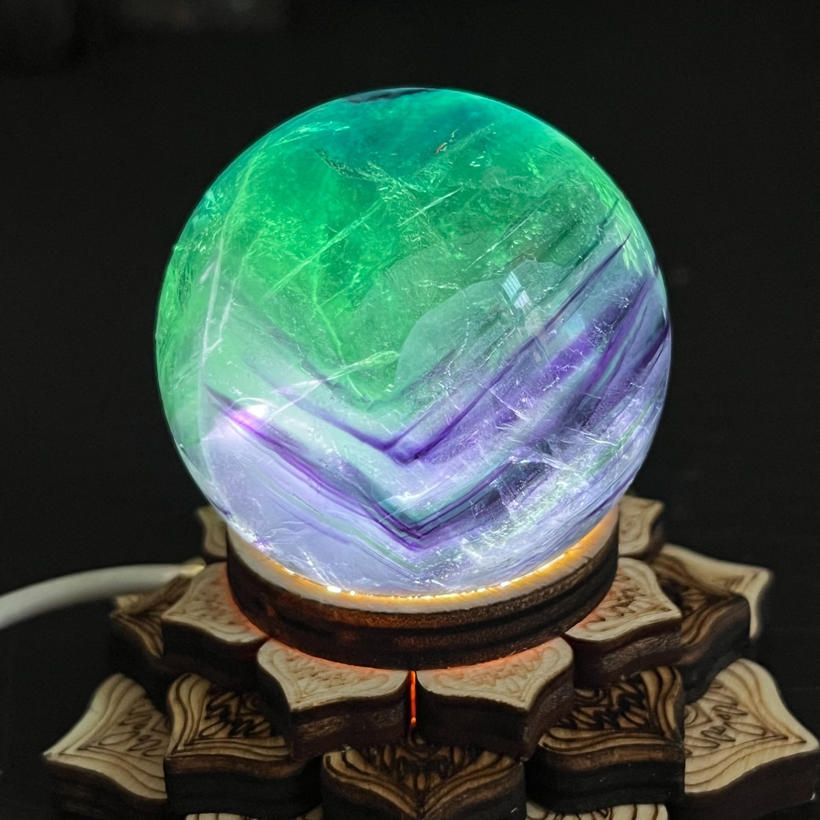 180g Natural Dark Purple Green Fluorite Crystal Sphere Ball Healing Specimen