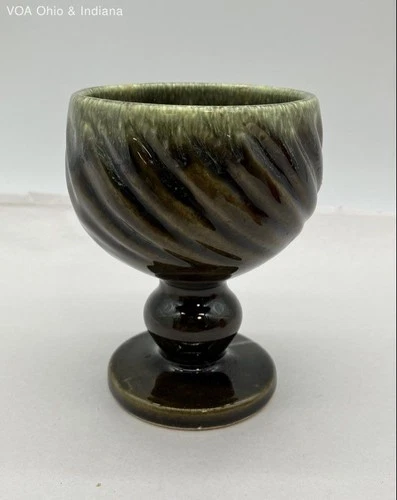 Hull Pottery Swirl Goblet F55 Chalice Green Brown Drip Glaze Vintage USA