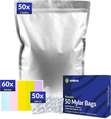 50-Pack 14 Mil Mylar Bags with Oxygen Absorbers, Gusseted 1 Gallon with 500Cc OA