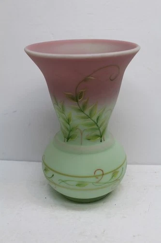 Fenton Lotus Mist Burmese Hand Painted Vase 9-1/2" Pink & Green Floral Vase