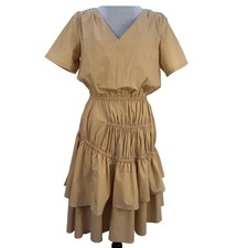 JOHNNY HATES JAZZ Tan Ruffle Tiered V Neck Short Sleeve Midi Dress Size Large