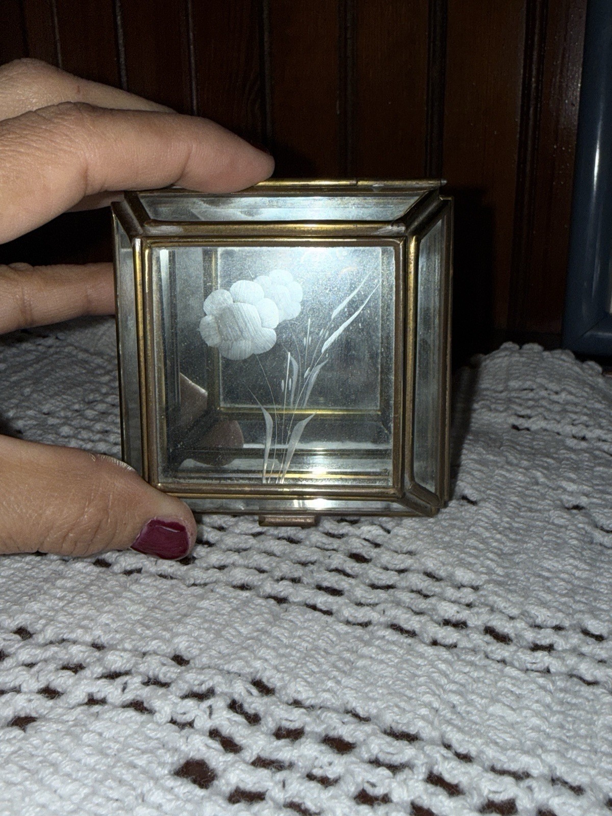 Vintage Etched Glass and Brass Mirrored Bottom Trinket/Ring Box