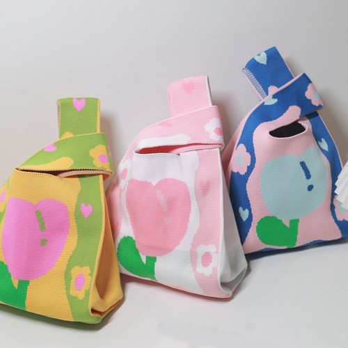 Bolso de muñeca informal con flores Bolsas de punto de poliéster Bolso de mano para tejer tulipán Compras