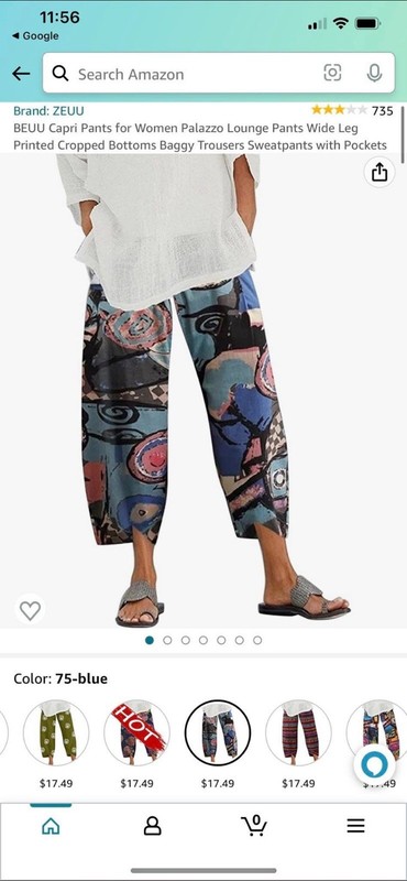 ZEUU Women's Wide Leg Abstract Capri Lounge Pants Blue Cotton Pockets