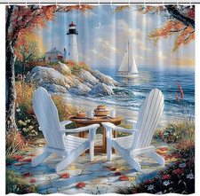 Summer Beach Coastal Shower Curtain Nautical Lighthouse Ocean Landscape Sea Scen
