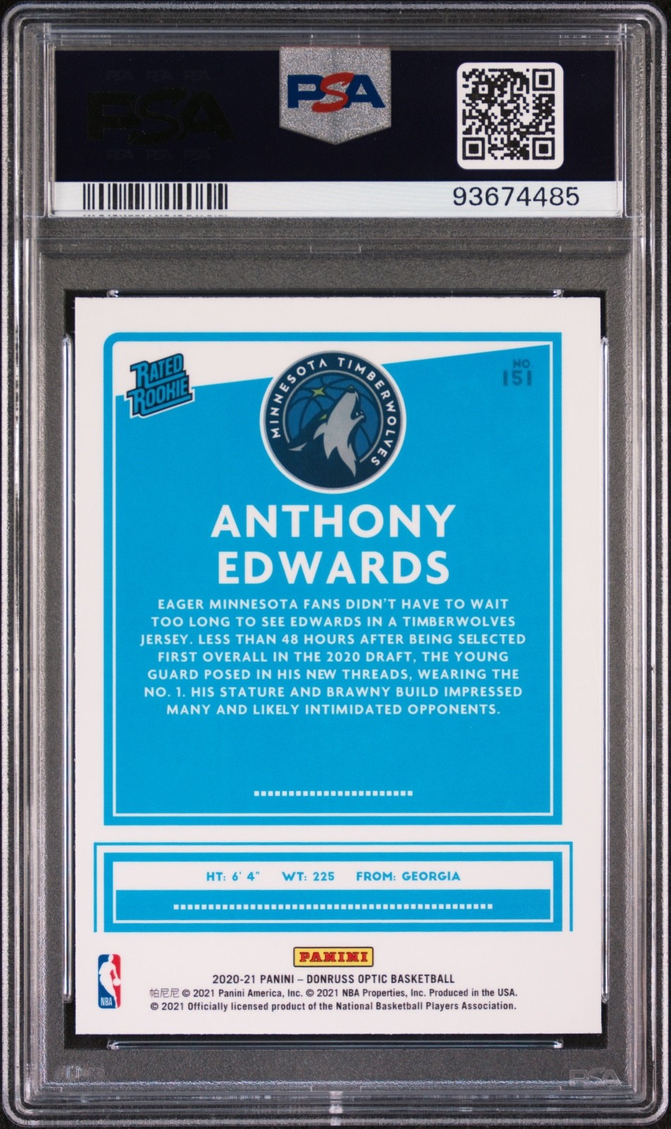 2020- 21 Panini Donruss Optic - Anthony Edwards RC - Rated Rookie  #151 - PSA 10 view 2