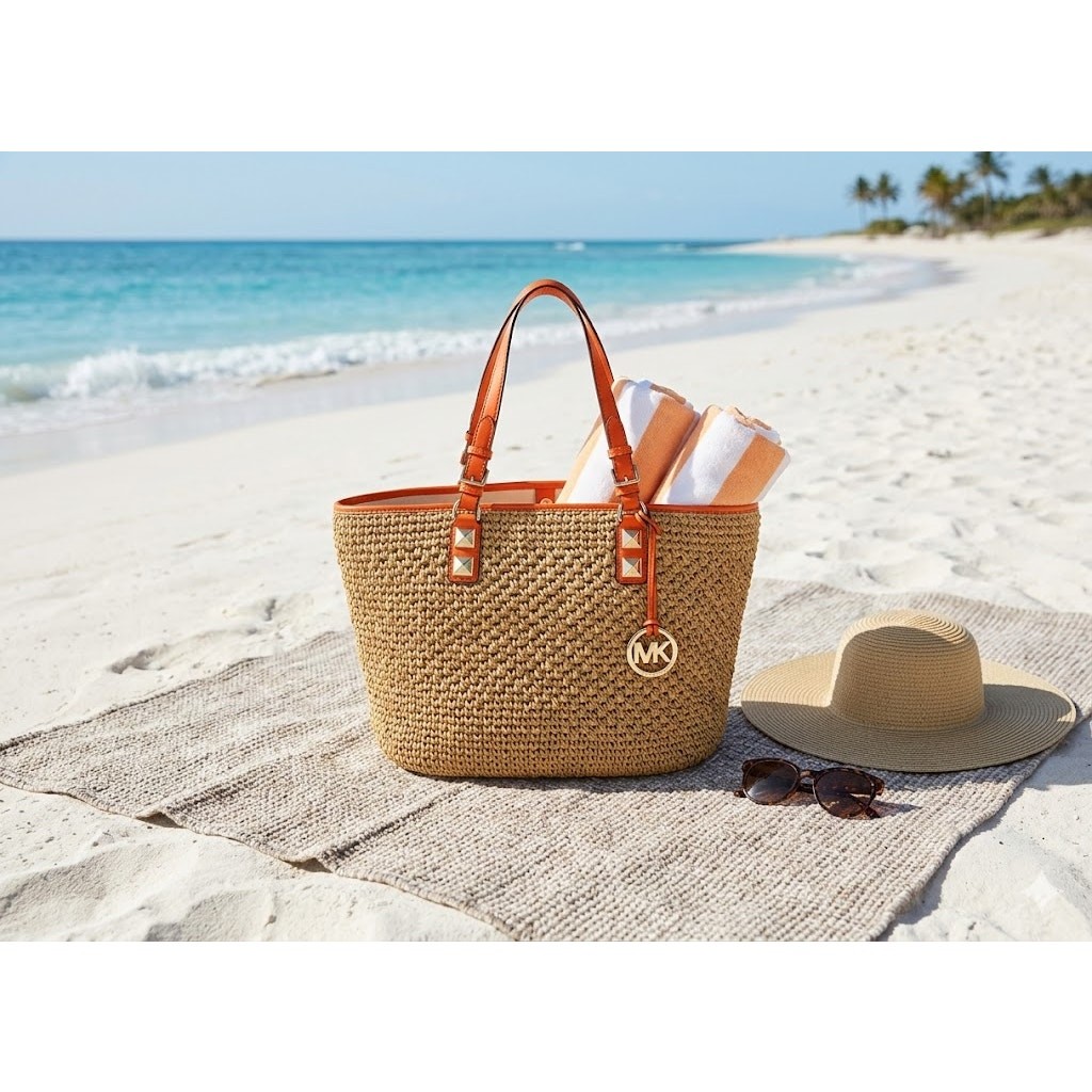 Michael Kors Santorini Large Straw Basket Tote Beach Bag Orange