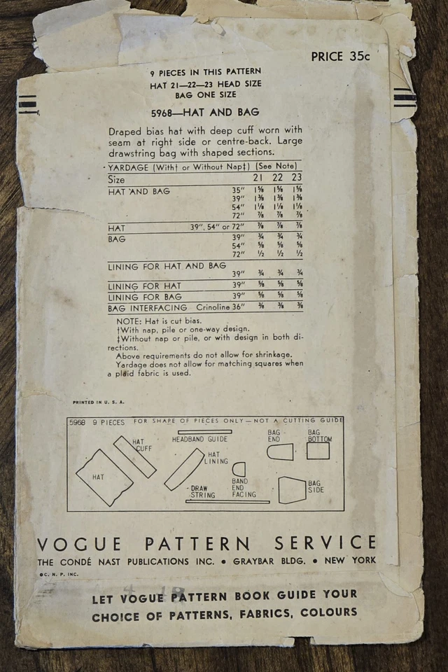 Sombrero y bolso Vogue 5968 vintage original años 40 patrón. Foto 4 de 4