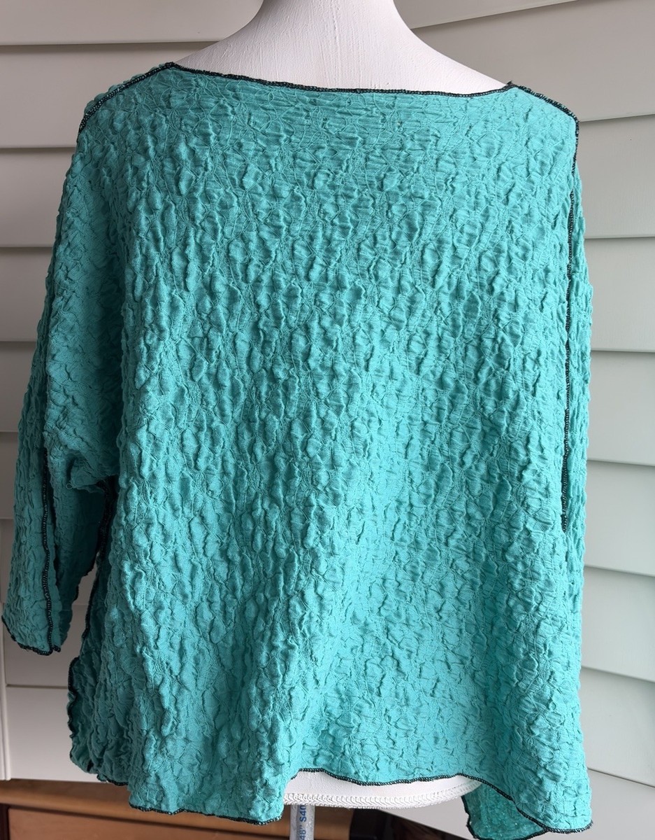 Nobul Women XL Aqua Crinkle Tunic Top Shark Bite Tie Lagenlook Made USA View 4
