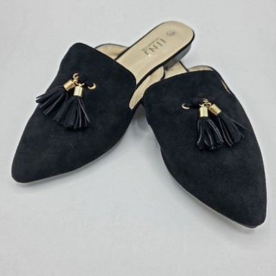 Musshoe Black Mules Suede Memory Foam Tassels 7.5 Backless Slip-on Slides New