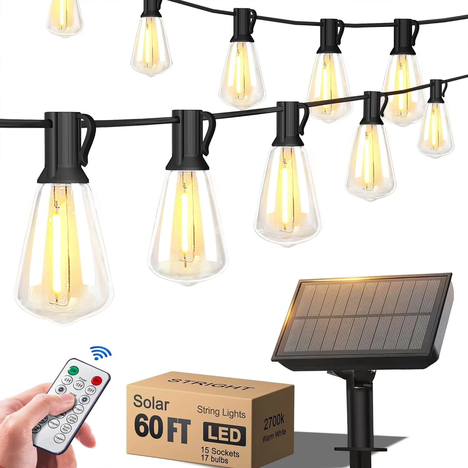 Stright 60FT Solar String Lights Outdoor Weatherproof with Remote, Solar Powered
