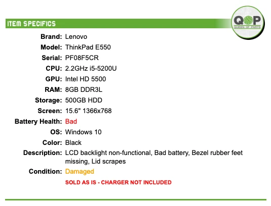 Lenovo ThinkPad E550 - 15.6" HD, 2.2GHz i5, 8GB RAM, 500GB HDD, Windows 10 - Image 2 of 4