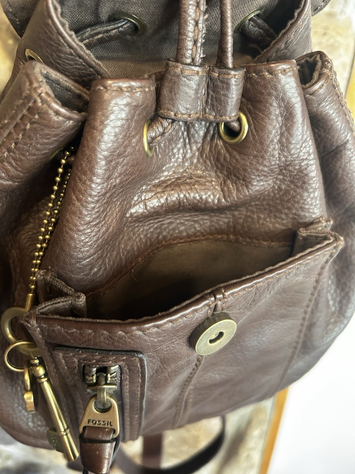 Fossil Small Brown Leather Drawstring Backpack Pu… - image 4