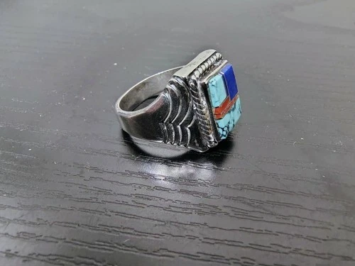 VTG Men's Navajo Signet Ring Sterling Silver Turquoise Coral Inlay Size 10