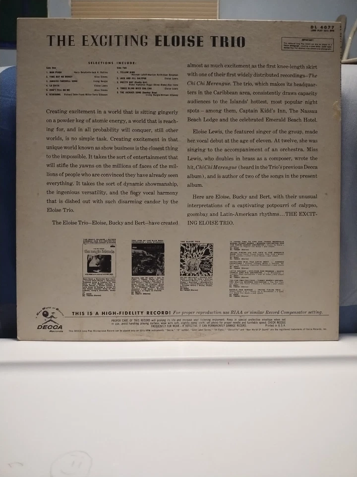 ELOISE TRIO Exciting SCARCE 1960 DECCA PINK LABEL PROMO LP Calypso/Goombay HEAR! Foto 3 de 4