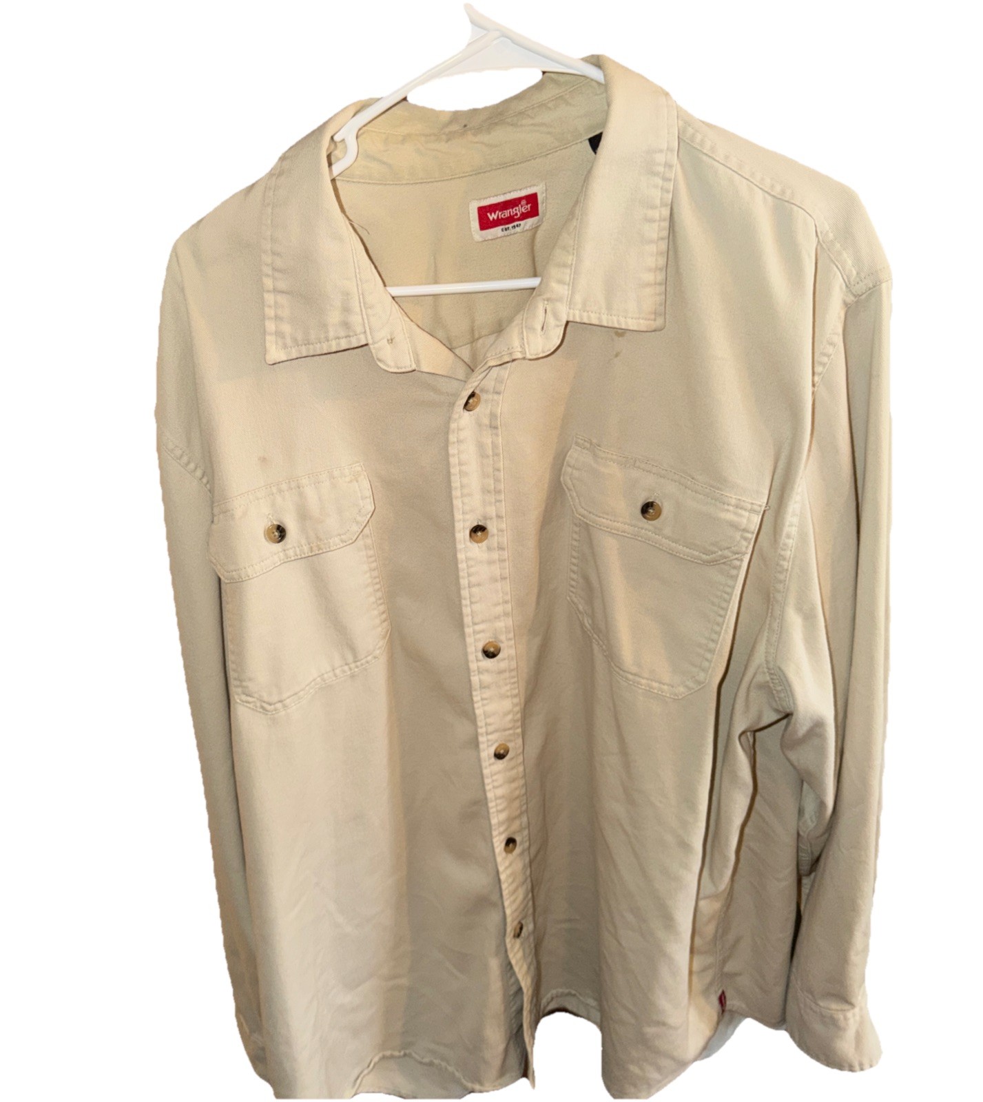 Wrangler Men's 2XL Button-Up Shirt Beige Cotton Long Sleeve Woven Solid Pockets