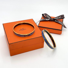 Auth Hermes Enamel Bangle PM GP Rope/Chain Pattern Blue Multi Pcs2 W/B BA060125