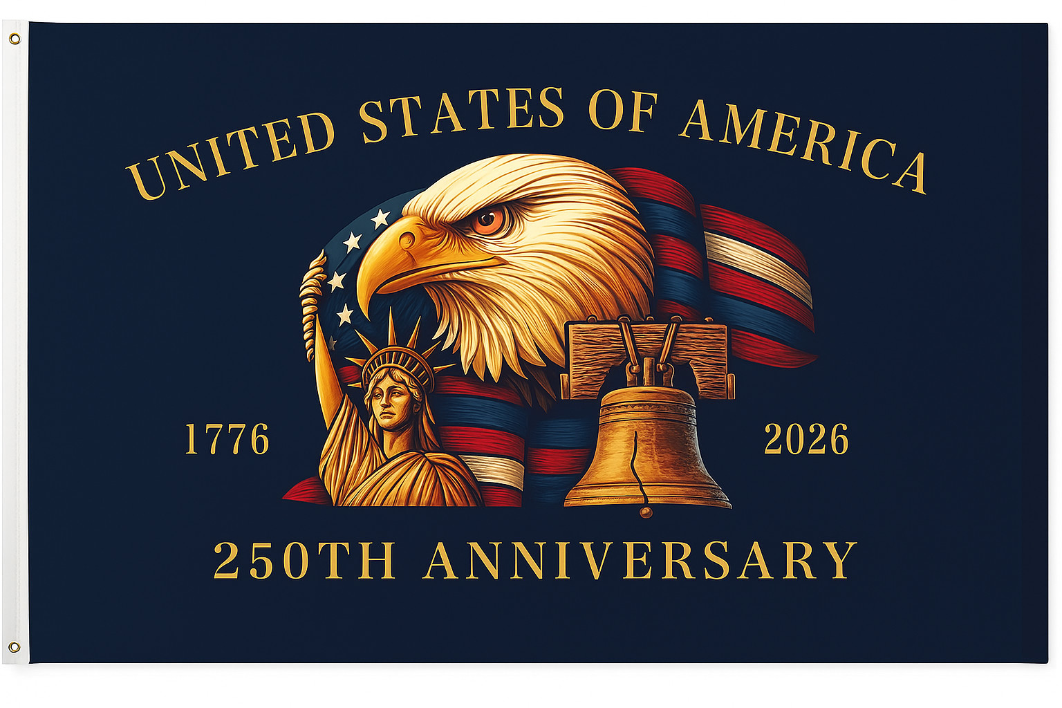 USA 250th Anniversary Flag 1776-2026 – American Eagle, Liberty Bell & Statue of