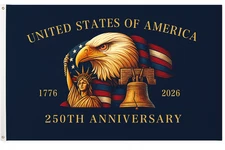 USA 250th Anniversary Flag 1776-2026 – American Eagle, Liberty Bell & Statue of