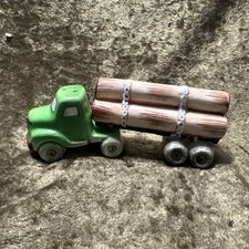 Vintage Ceramic Salt Pepper Shakers Green Semi Truck With Logging Trailer Vintage Ceramic Salt Pepper Shakers Green Semi Truck With Logging Trailer