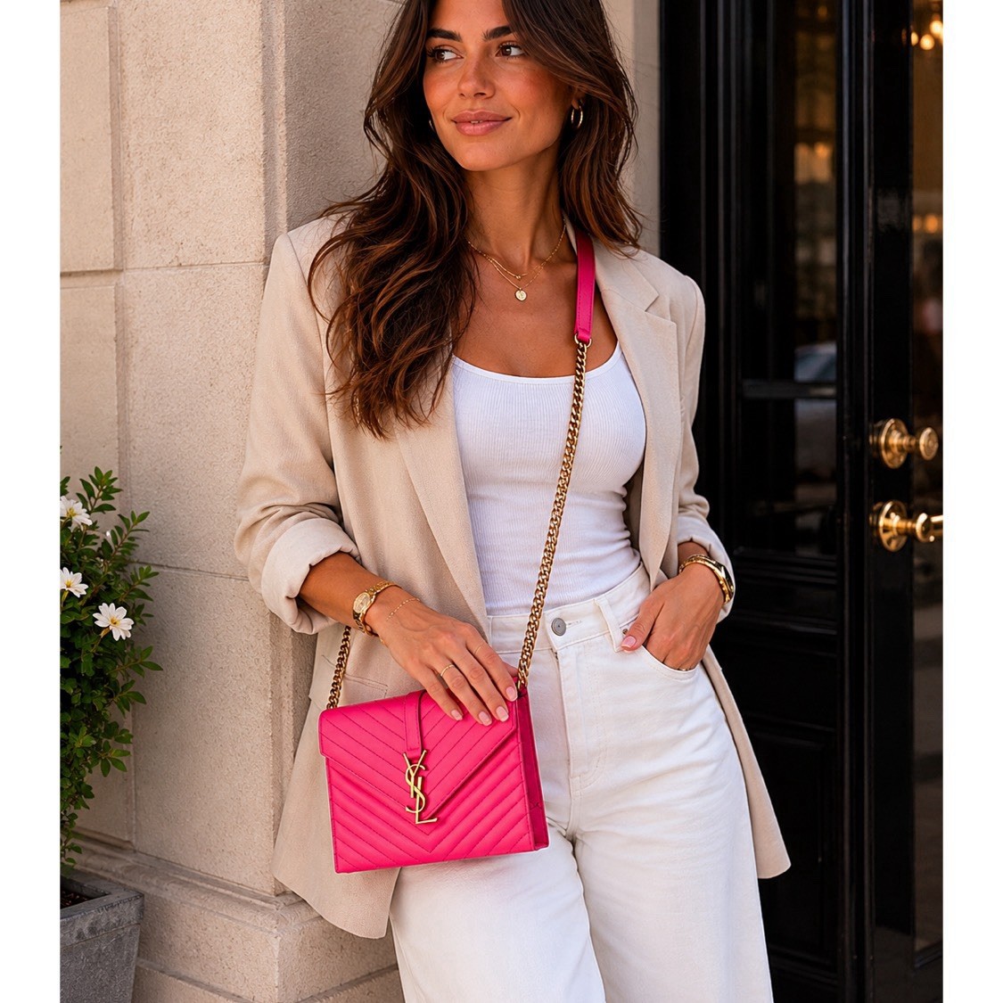 YSL ハート型ピンクレザー腕時計 (Junk-ジャンク) Saint Laurent Cassandre Envelope Clutch Hot Pink Quilted Leather
