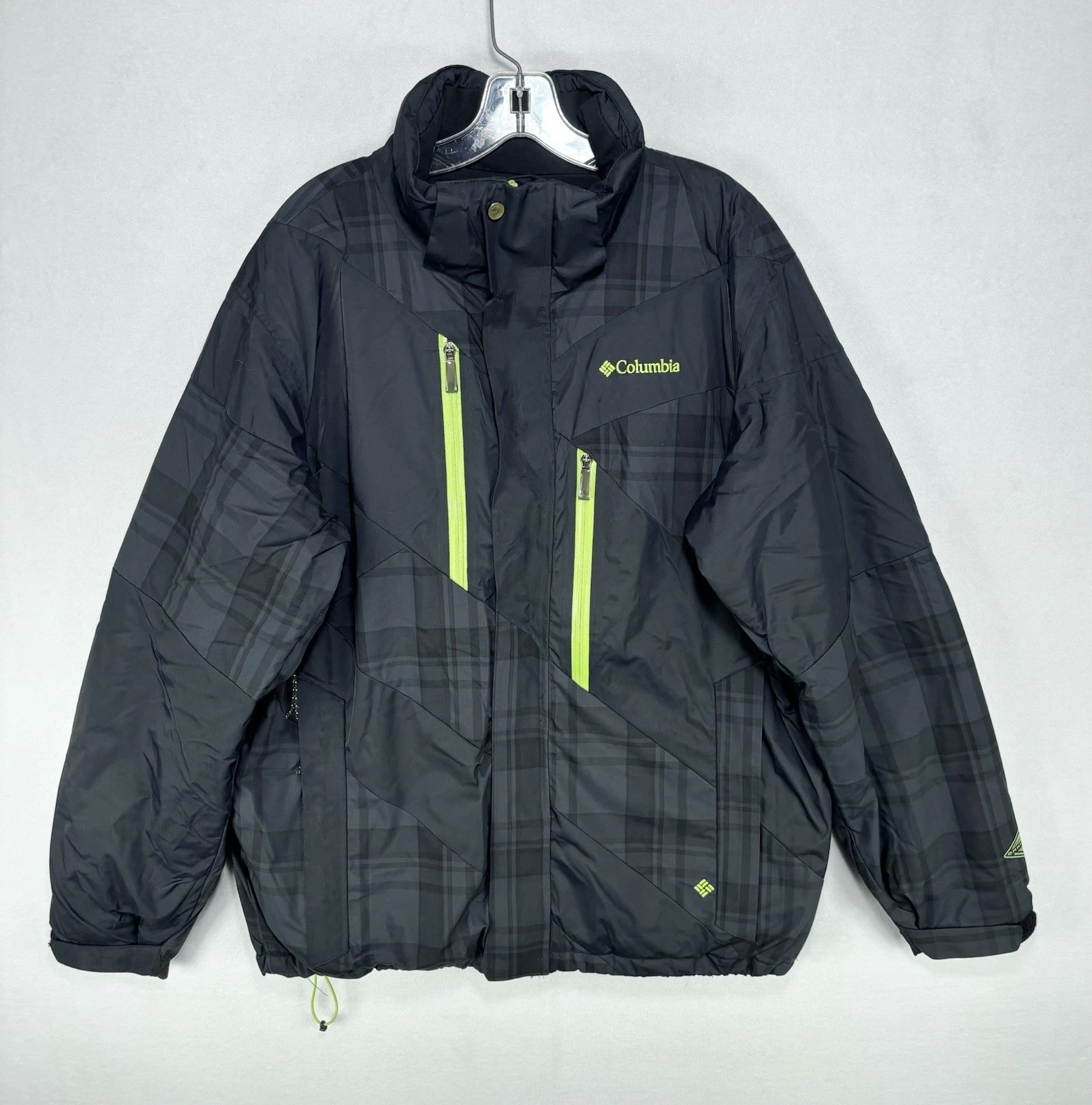 Columbia Omni-Heat Jacket Mens Large Plaid Ski Coat Insulated Neon Pockets