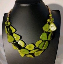 Handmade Natural Tagua Nut Green 3 strand Bib Necklace on Suede Made in Ecuador