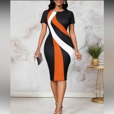 Shein Womens Black and Orange Colorblock Stripe Bodycon Midi Dress Med