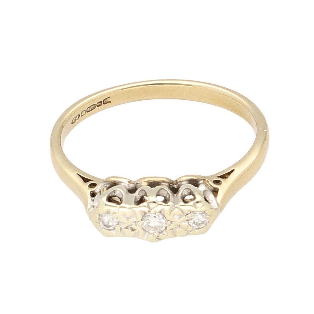 Vintage 9Carat Yellow Gold 0.08ct Diamond Three-Stone Ring (Size O 1/2) 11x4mm