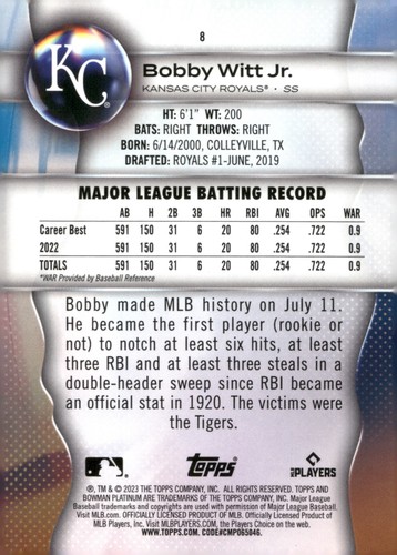 2023 Bowman Platinum - Bobby Witt Jr. #8 - Picture 2 of 2