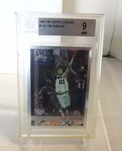 1997-98 TOPPS CHROME #115 TIM DUNCAN TRADING CARD GRADED #9