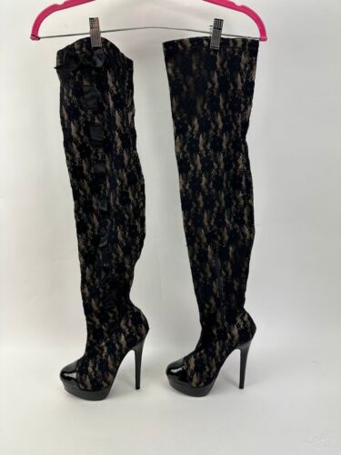 Colin Stuart Womens Thigh High Stretch Ribbon Black Lace Boots Size 6B - Picture 2 of 12