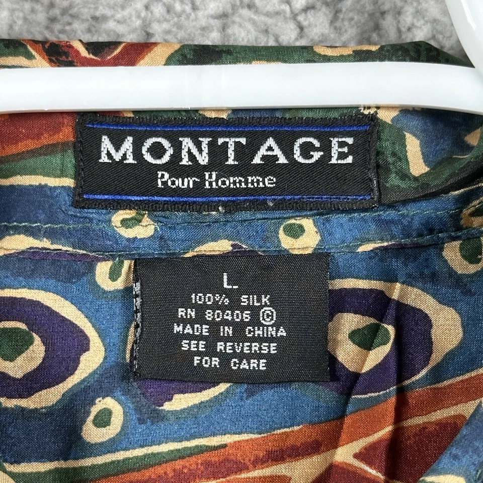Montage Pour Homme 100% Silk Shirt Mens L Blue Geometric Pattern Button Up - Image 3 of 4