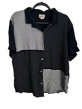 VintageTeddi Women's Button Up Mixed Media Navy Blue Blouse SZ 1x Shoulder Pads