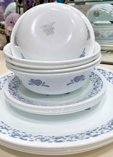 Vintage Corelle Corning Blue Heart Sponge-Dinner Set-20 Piece Service for 4