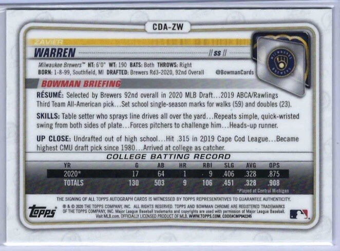 Zavier Warren - 2020 1st Bowman Chromes Draft Rookie Autograph Card #CDA-ZW - Image 2 of 3