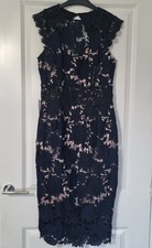 LIPSY VIP NAVY BLUE BLACK EMBROIDERED FLORAL LACE PINK LINING CAP SLEEVE DRESS 