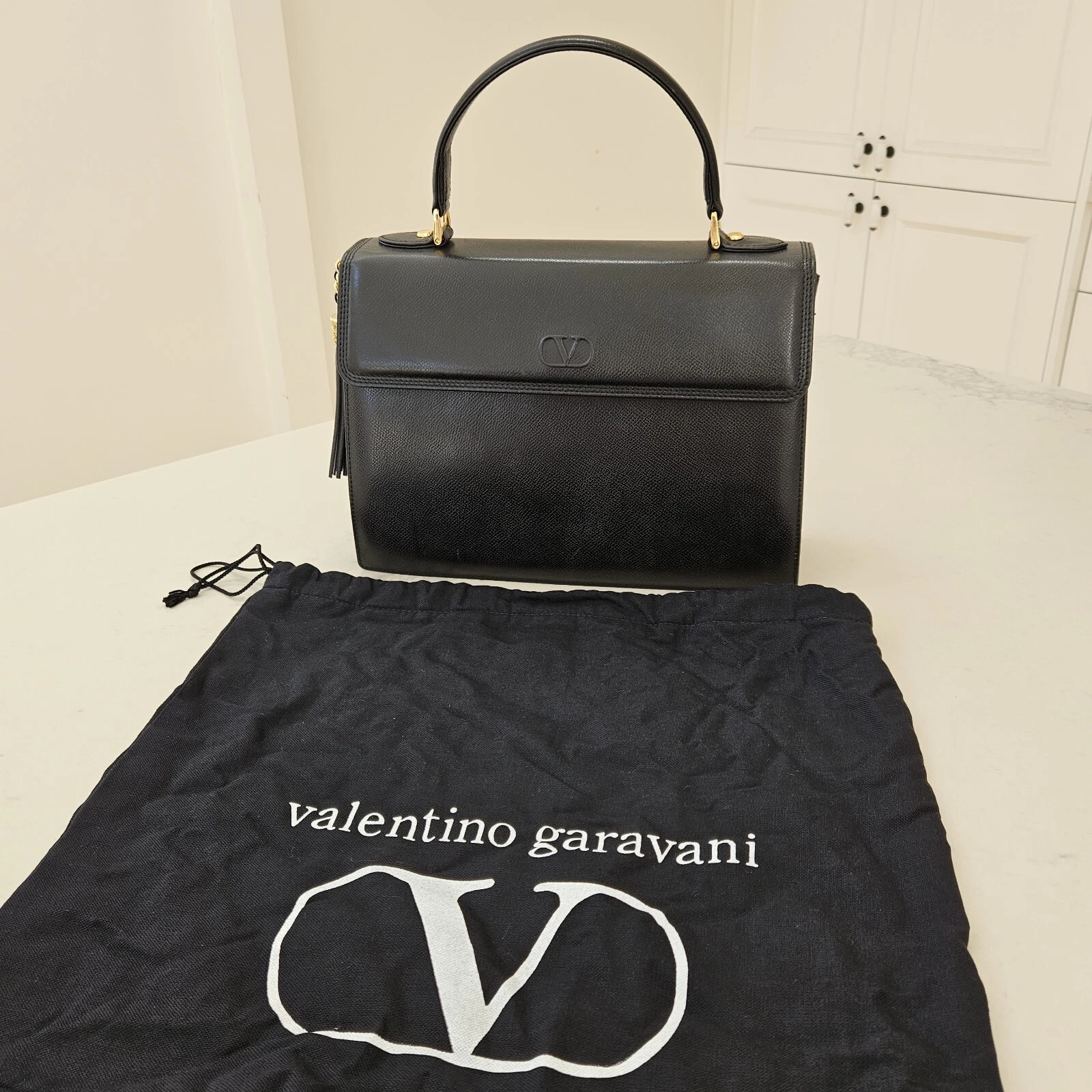 Valentino — Authentic Vintage Large Valentino Garavani Black Leather VLOGO Top Handle Bag