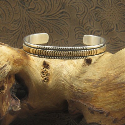 *Sterling Silver 14k Hand Stamped Navajo Cuff Bracelet